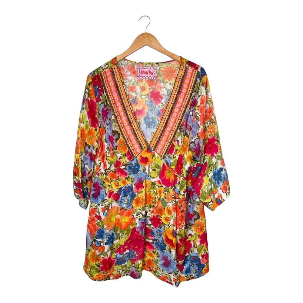 Johnny Was Floral Embroidered Tunic Peasant Blouse Womens 1X Boho Festval Artsy